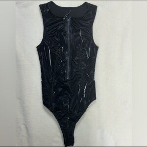 Glossy Vinyl Wet Look Black Sleeveless Bodysuit with Front Zip Cleavage Top